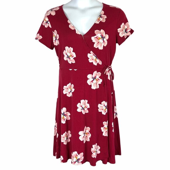 Old Navy Womens Burgundy Floral Faux Wrap Dress L Short-Sleeve V-Neck Soft Knit - Picture 1 of 15